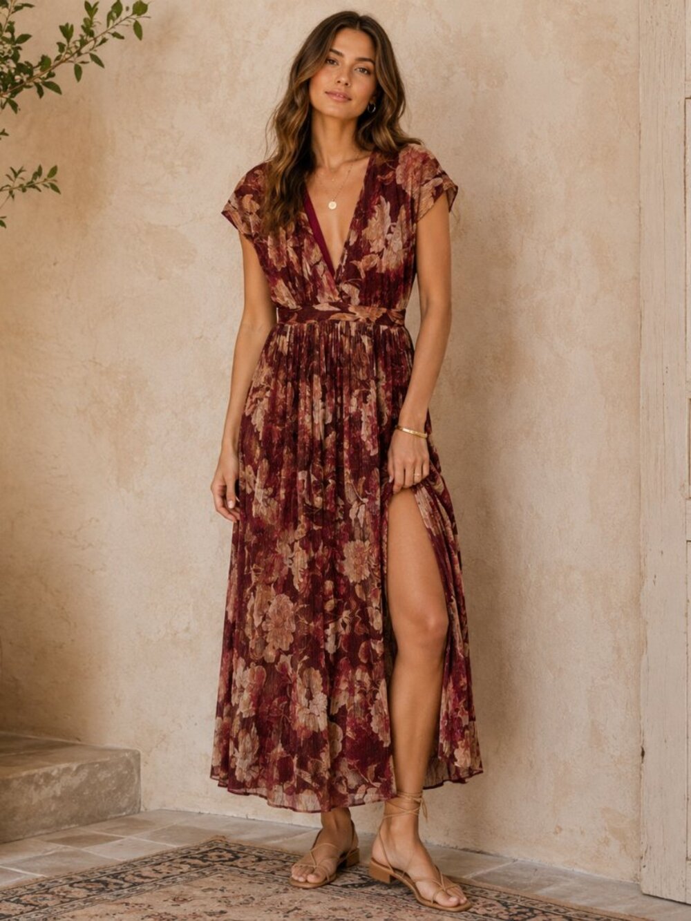 VICI Burgundy Floral Metallic Gold Pleated Maxi Dress XS Deep V Neck Slit